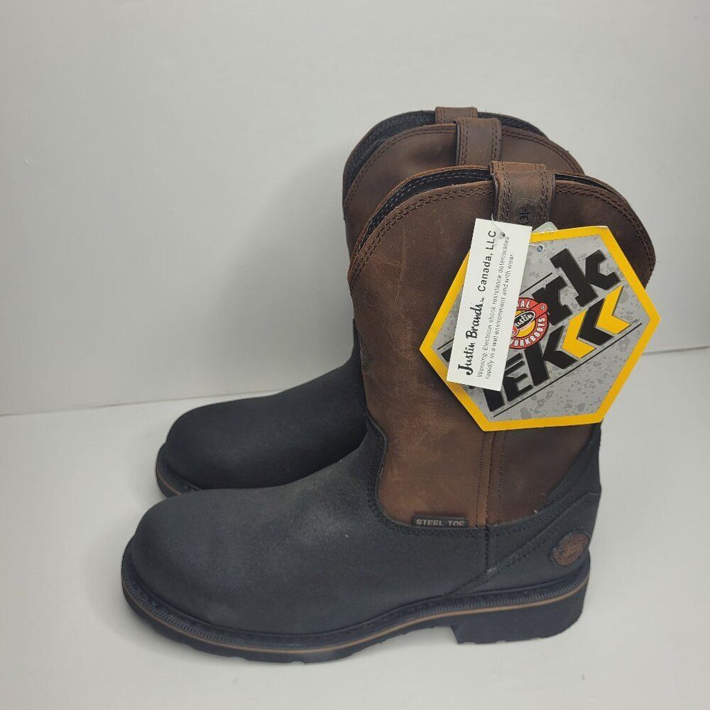 Justin boots black brown steel toe waterproof pull on work boots size 7EE NWT